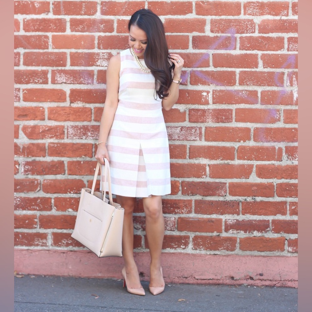J. Crew White and Pink A-Line Mini Dress Sleeveless Crew Neck